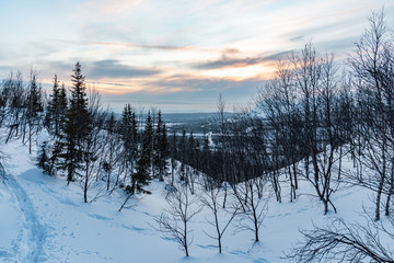 Snowy mountains. Snow, mountains, valley, landscape.