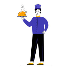 Chief holding tray with poultry. Cook offering thanksgiving steaming turkey flat vector illustration. Restaurant, dinner, catering concept for banner, website design or landing web page