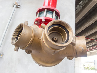 Fire extinguishers and red hoses.