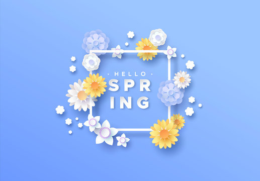 Hello spring paper cut floral frame background