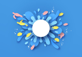 Water splash paper cut template with colorful fish