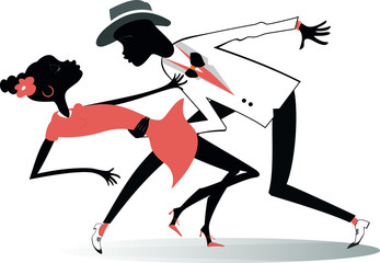 Romantic dancing young African couple isolated illustration.  Funny dancing young African man and woman isolated on white illustration