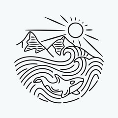 vacation summer beach vintage retro, vector line art illustration. Fun holiday, coloring book.