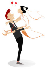 Happy married wedding couple illustration. Heart symbol and happy man holds on the hands a woman in the white dress and wedding veil isolated on white