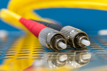 Optical patch cord in telecommunication network close-up