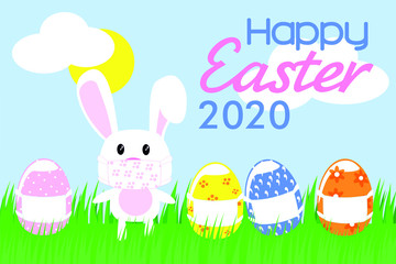 Template for decoration in the style of Easter decorations with eggs and a hare in protective masks against the virus.
