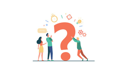 People searching solutions and asking for help. Men and women discussing huge question mark. Vector illustration for communication, assistance, consulting concept - obrazy, fototapety, plakaty