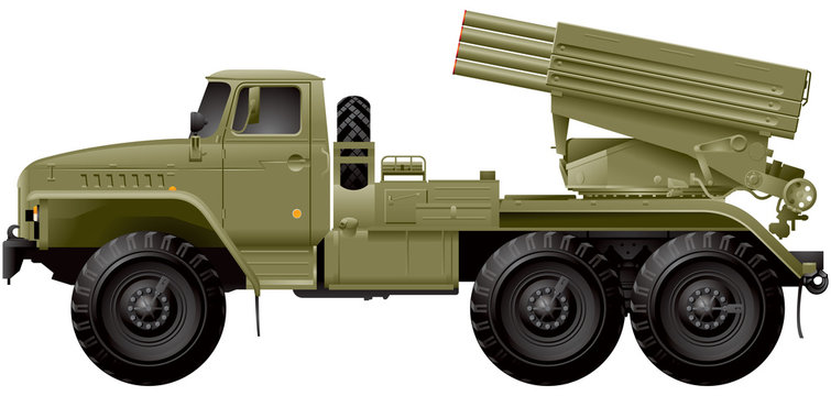 Grad multiple rocket launcher, Soviet designed truck-mounted weapon system, combat vehicle with Russian nickname means "hail", MRL or MLRS rocket artillery system realistic vector illustration