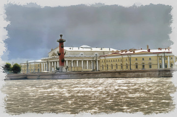 Imitation of a picture. Oil paint. Illustration. Old Saint Petersburg Stock Exchange and Rostral Columns