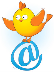 A small orange bird flies and holds the mail sign in its paws