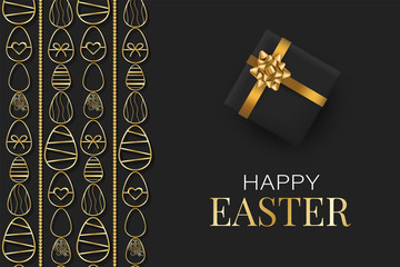 Happy Easter poster with golden eggs and gift boxes on black. Holiday greeting card, advertising banner. Vector illustration.