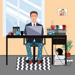 Middle aged businessman in a suit jacket and pajama bottoms working from home using laptop computer. Covid or coronavirus quarantine concept. Vector flat style illustration isolated on white