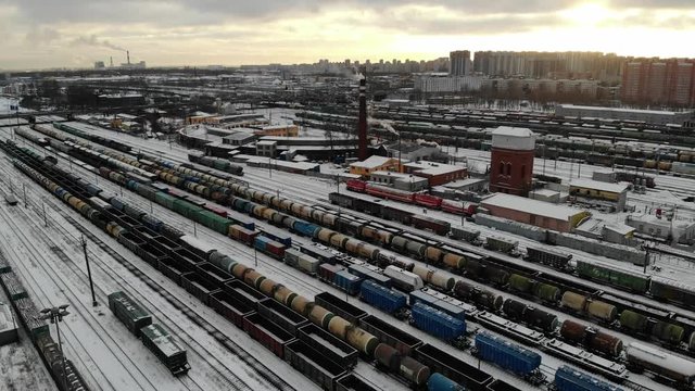 Aerial view at winter Classification marshalling yard trains railroad wagons