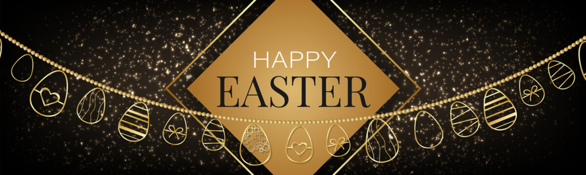 Happy Easter banner or header. Golden eggs garland decoration on black background for newsletter, advertisement, or party invitation. Vector illustration.