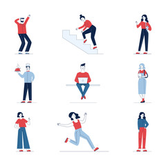 Fototapeta na wymiar Collection of diverse cartoon people. Flat vector illustrations of man and woman stumbling, sitting, standing. Everyday activity and lifestyle concept for banner, website design or landing web page