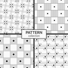 Set of four seamless patterns. Abstract geometric trendy vector backgrounds. Modern stylish textures of interlocking shapes, squares. Linear style. Vector monochrome backgrounds.