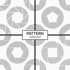 Set of four seamless patterns of repeating round striped circular ornaments isolated on white background. Camera lens aperture icons.