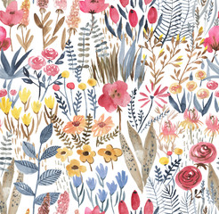 Hand-drawn watercolor seamless floral pattern with the different spring flowers. Vibrant summer floral pattern, print for the textile and wallpapers. Field blossom - Illustration - 331278167