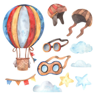 Watercolor elements on the theme of air transport and attributes for design and decoration. Clipart from air transport