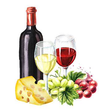 Bottle and Glass of wine, grapes and cheese