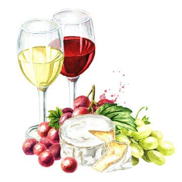 Glass of wine, grapes and cheese. Hand drawn watercolor illustration, isolated on white background