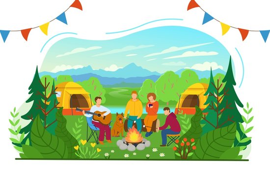 Summer Camping. Forest landscape with tourists around the campfire. Tourists are playing the guitar, drinking hot tea and roasting marshmallows. Flat vector illustration in cartoon style.