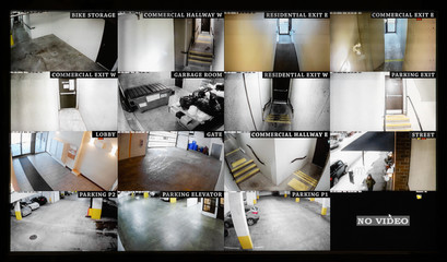 Security camera monitoring screen. 16 camera slots. Small high end system of residential, commercial  or strata building. Parking, gate, garbage and recycling room, staircase and hallway.