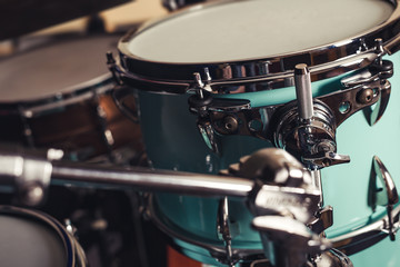 Fototapeta na wymiar Detail of a drum kit closeup . Drums on stage retro vintage picture.