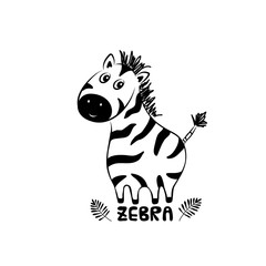 Vector illustration of cute Zebra with palm leaves, children's print on clothes