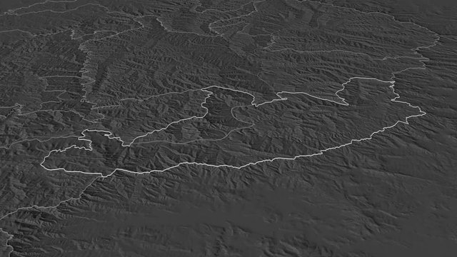 Qacha's Nek, district with its capital, zoomed and extruded on the bilevel map of Lesotho in the conformal Stereographic projection. Animation 3D