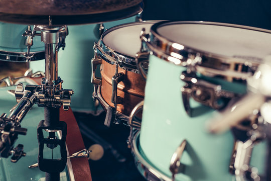 Detail of a drum kit closeup . Drums on stage retro vintage picture.