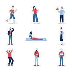 Large collection of diverse cartoon people. Flat vector illustrations of man and woman saluting, jogging, standing. Activity and lifestyle concept for banner, website design or landing web page