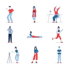 Fototapeta na wymiar Modern set of diverse cartoon people. Flat vector illustrations of man, woman waving, running, smoking. Activity and lifestyle concept for banner, website design or landing web page