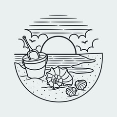 vacation summer beach vintage retro, vector line art illustration. Fun holiday, coloring book.