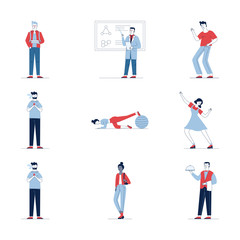Stylish set of different cartoon people. Flat vector illustrations of man and woman exercising, smoking, dancing. Activity and lifestyle concept for banner, website design or landing web page