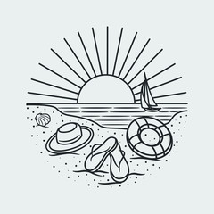 vacation summer beach vintage retro, vector line art illustration. Fun holiday, coloring book.