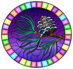 Illustration in stained glass style with a branch of larch, cone and needles on a branch on a blue background, oval image