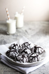 chocolate cookies. homemade chocolate crinkles cookies powdered sugar with milk