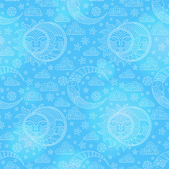 Seamless pattern with contour sun and moon, white outlines  on a  blue background with stars and clouds