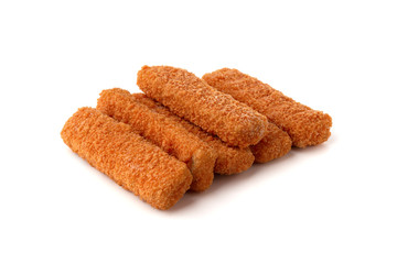Fish fingers on a white background. Frozen fish fingers close-up.
