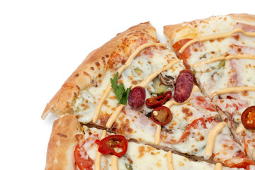 Hot pizza close-up. Delicious pizza with cheese, sausage, jalapenos and tomatoes.