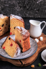 Homemade Easter cake. Easter cake on a dark background. Panettone. Easter recipe.