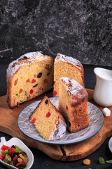 Homemade Easter cake. Easter cake on a dark background. Panettone. Easter recipe.
