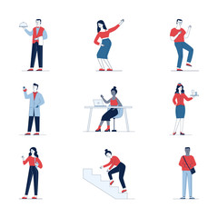 Modern collection of different cartoon people. Flat vector illustrations of man and woman holding items, waving. Activity and lifestyle concept for banner, website design or landing web page