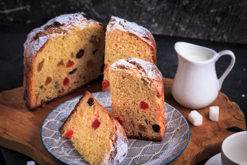 Homemade Easter cake. Easter cake on a dark background. Panettone. Easter recipe.