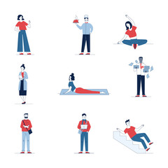 Stylish collection of various cartoon people. Flat vector illustrations of man and woman falling, holding, standing. Activity and lifestyle concept for banner, website design or landing web page
