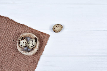 Quail eggs in a nest on a white wooden background. Easter concept. Place for an inscription. The...