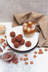 Cold coffee liqueur with chocolate truffles, rolled in cocoa powder
