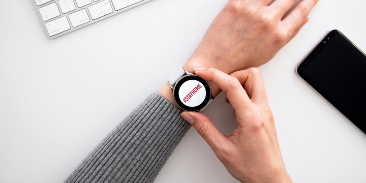 Quarantine and warning, attention, outbreak alert notification on mobile and smart watches devices. Stay at home advice to stop coronavirus COVID-19 spreading. Global pandemic Covid -19 prevention