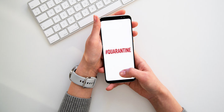 Quarantine and warning, attention, outbreak alert notification on mobile and smart watches devices. Stay at home advice to stop coronavirus COVID-19 spreading. Global pandemic Covid -19 prevention